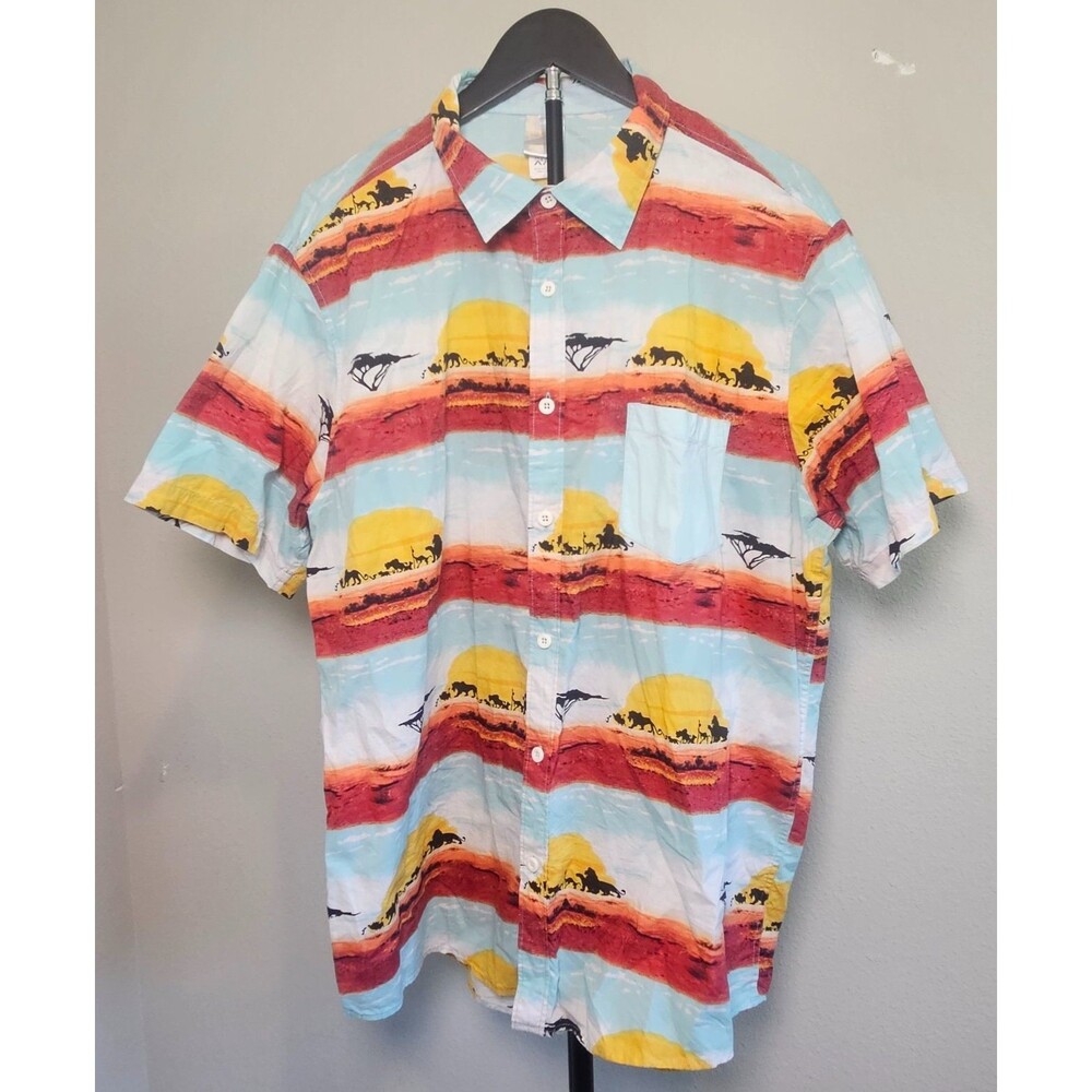 Vintage Lion King Safari Print Shirt Mens XXL Button Up Short Sleeve Sunset AOP